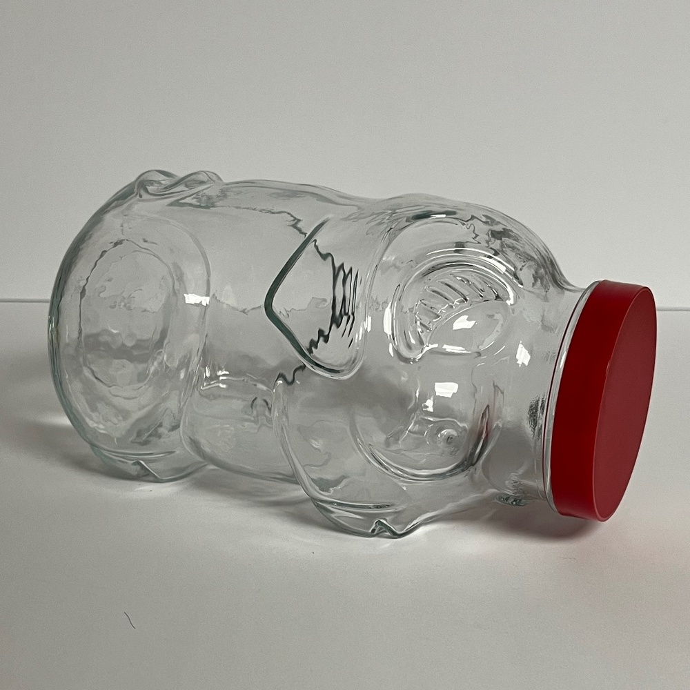 Vintage Libbey of Canada 7.5" Glass Pig Jar Coin Bank Red Plastic Screw Lid New